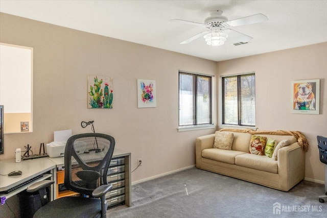 441 Sayre Dr, Plainsboro, NJ 08540 - office area featuring carpet flooring, a ceiling fan, and baseboards