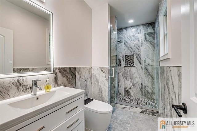 4 Hemlock Dr, Edison, NJ 08820 - bathroom featuring a marble finish shower, toilet, vanity, tile walls, and a wainscoted wall