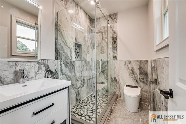 4 Hemlock Dr, Edison, NJ 08820 - bathroom with tile walls, toilet, vanity, and a marble finish shower