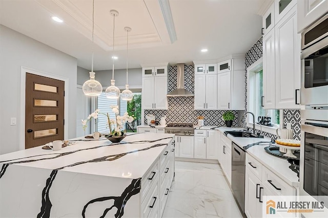 4 Hemlock Dr, Edison, NJ 08820 - kitchen with light marble finish floors, stainless steel appliances, wall chimney exhaust hood, plenty of natural light, and recessed lighting