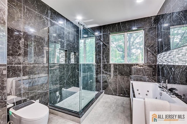 4 Hemlock Dr, Edison, NJ 08820 - bathroom featuring tile walls, a tub with jets, toilet, and a stall shower
