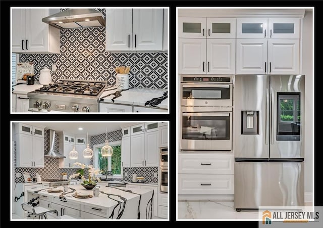 4 Hemlock Dr, Edison, NJ 08820 - kitchen featuring stainless steel appliances, exhaust hood, wall chimney range hood, tasteful backsplash, and white cabinetry