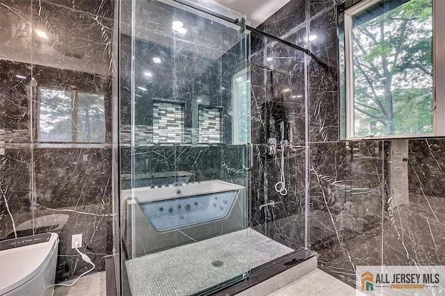 4 Hemlock Dr, Edison, NJ 08820 - full bathroom with tile walls, toilet, a stall shower, and plenty of natural light