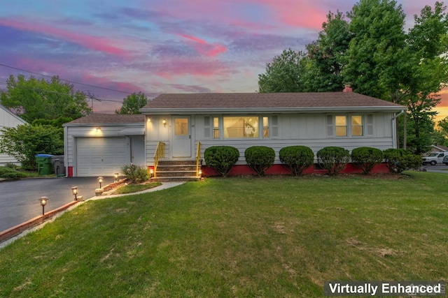 25 Lamar Ave, Edison, NJ 08820 - ranch-style home featuring driveway, an attached garage, a lawn, a chimney, and board and batten siding