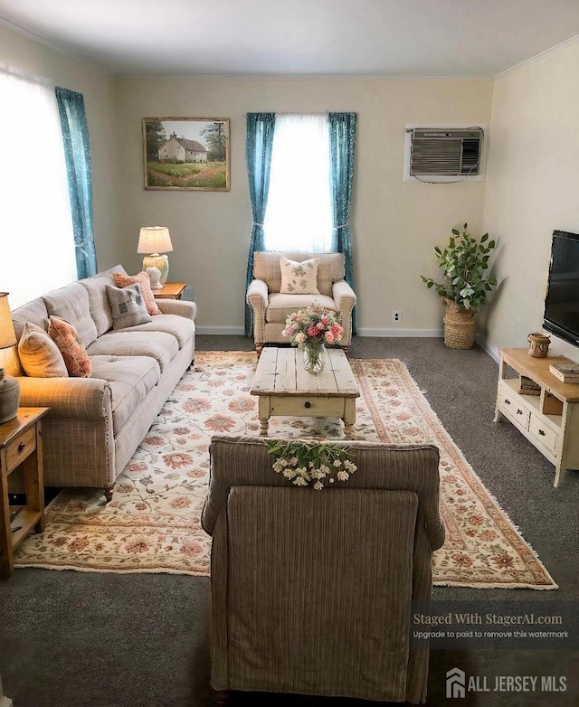 2 Haven Ter, Sayreville, NJ 08859 - carpeted living room with a wall mounted air conditioner and baseboards