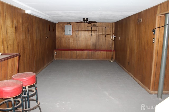 2 Haven Ter, Sayreville, NJ 08859 - finished basement with wood walls, a ceiling fan, and electric panel