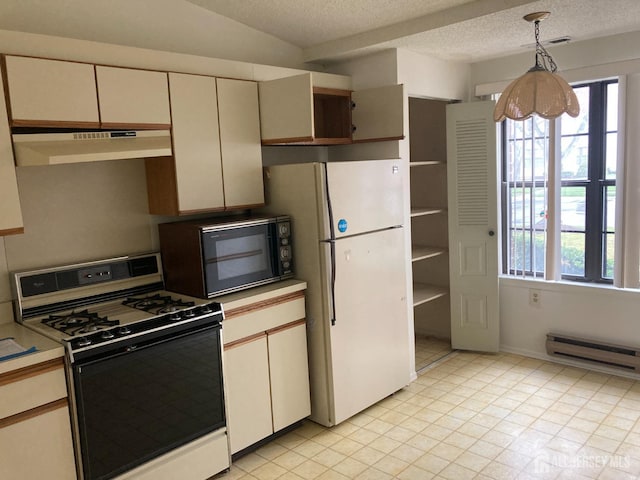 191 Wycoff Way W, East Brunswick, NJ 08816 - kitchen with freestanding refrigerator, under cabinet range hood, black microwave, light countertops, and gas range oven
