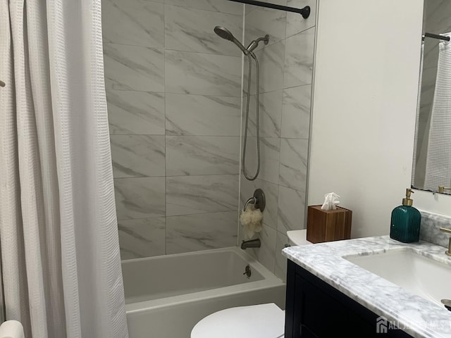 full bath with toilet, shower / bathtub combination with curtain, and vanity