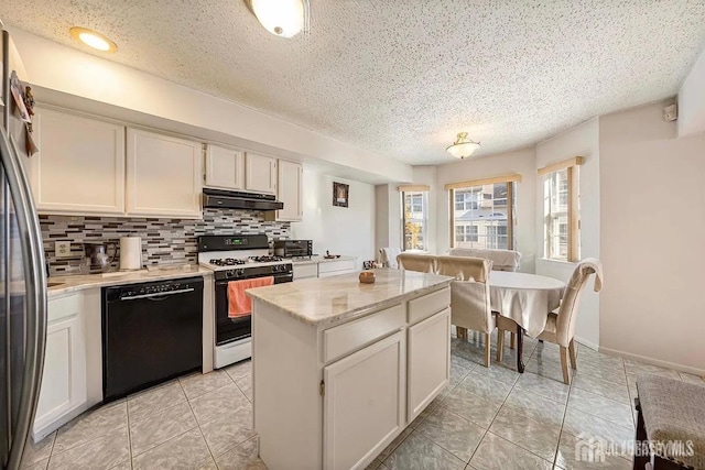 253 Nebula Rd, Piscataway, NJ 08854 - kitchen featuring dishwasher, gas range, decorative backsplash, a textured ceiling, and under cabinet range hood