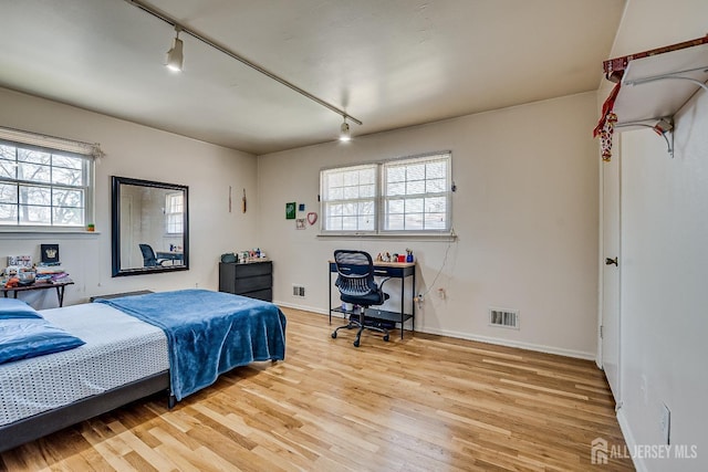 bedroom featuring track lighting, light wood-type flooring, multiple windows, and baseboards