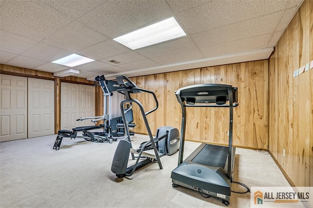 27 Revere Ct, West Windsor, NJ 08550 - workout room featuring wooden walls, carpet flooring, and a paneled ceiling