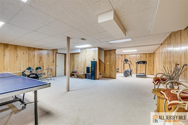 27 Revere Ct, West Windsor, NJ 08550 - playroom with wood walls, carpet flooring, and a drop ceiling