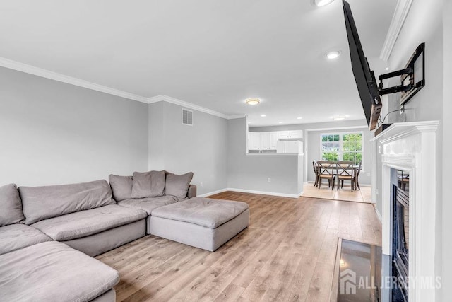 3 Kuczynski Dr, Sayreville, NJ 08859 - living room with light wood finished floors, crown molding, recessed lighting, and a fireplace