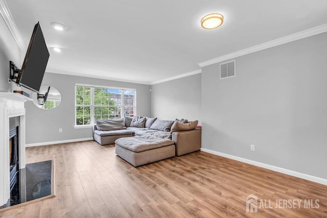 3 Kuczynski Dr, Sayreville, NJ 08859 - living area featuring ornamental molding, light wood finished floors, and a fireplace