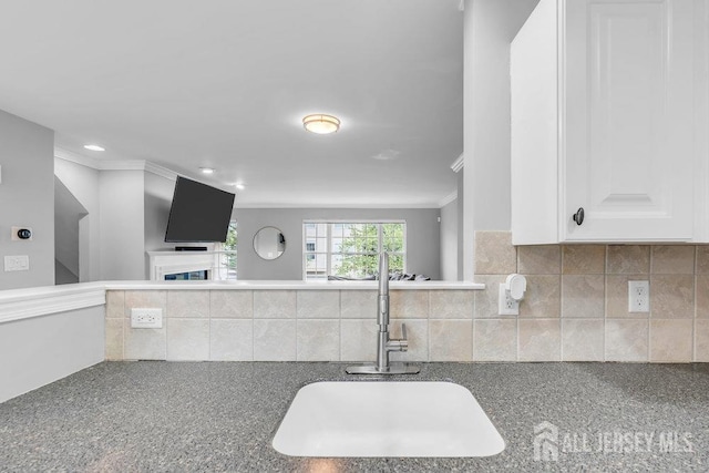 3 Kuczynski Dr, Sayreville, NJ 08859 - kitchen featuring crown molding, decorative backsplash, white cabinets, recessed lighting, and open floor plan