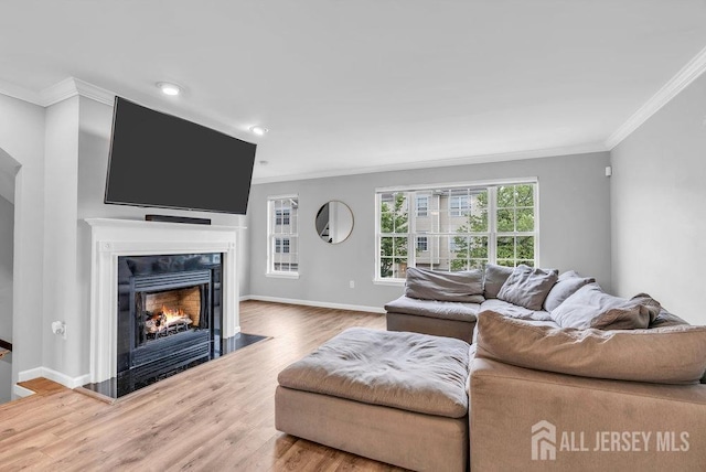 3 Kuczynski Dr, Sayreville, NJ 08859 - living room with ornamental molding, a fireplace with flush hearth, wood finished floors, and recessed lighting