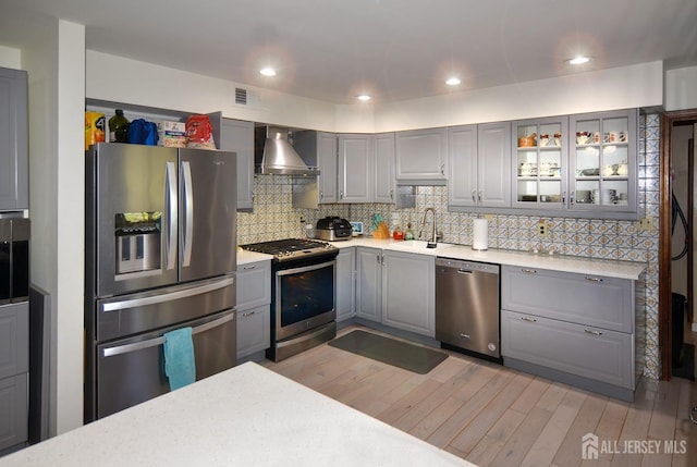 kitchen featuring wall chimney range hood, a sink, appliances with stainless steel finishes, visible vents, and gray cabinets