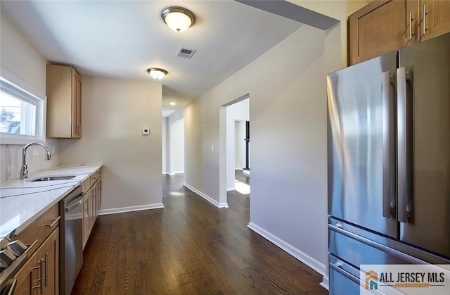 kitchen with dark hardwood / wood-style floors, sink, and appliances with stainless steel finishes