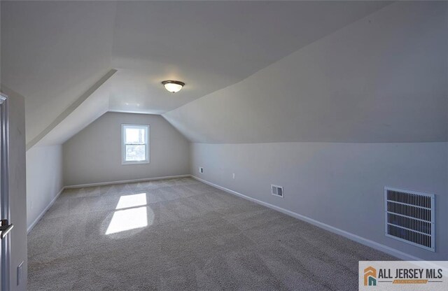 additional living space featuring light colored carpet and lofted ceiling