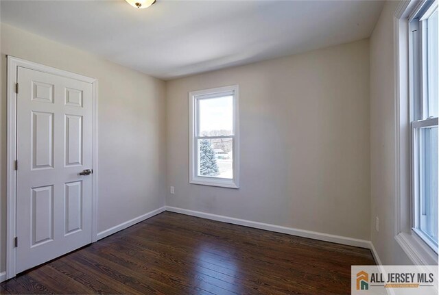 empty room with dark hardwood / wood-style flooring and plenty of natural light