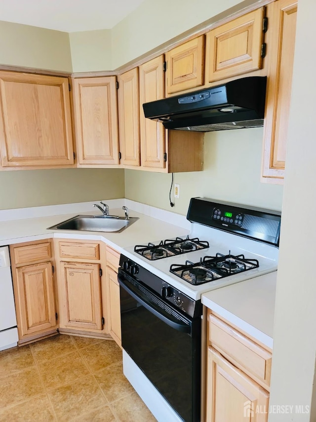 2910 Jesse Way, Piscataway, NJ 08540 - kitchen with range with gas stovetop, under cabinet range hood, light brown cabinets, and light countertops