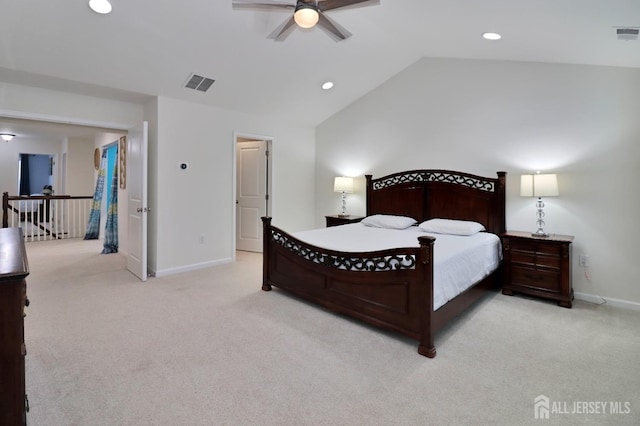 carpeted bedroom featuring baseboards, lofted ceiling, recessed lighting, and ceiling fan