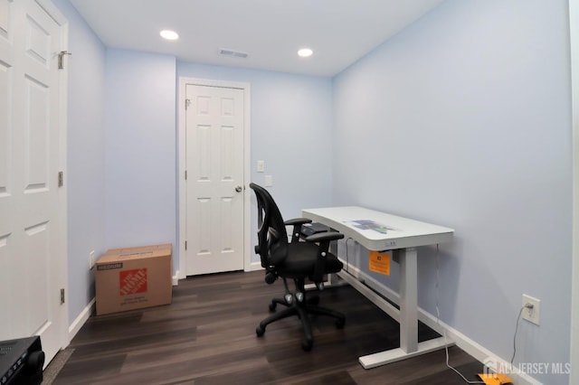 office featuring baseboards, wood finished floors, and recessed lighting
