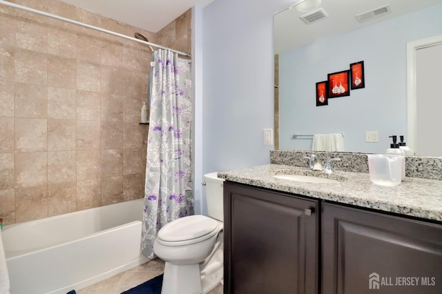 full bathroom featuring tile patterned flooring, toilet, vanity, and shower / bath combination with curtain