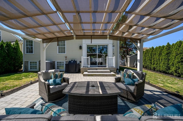 view of patio / terrace featuring a pergola, central AC unit, and outdoor lounge area