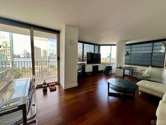 living room with dark wood-type flooring and a wall of windows