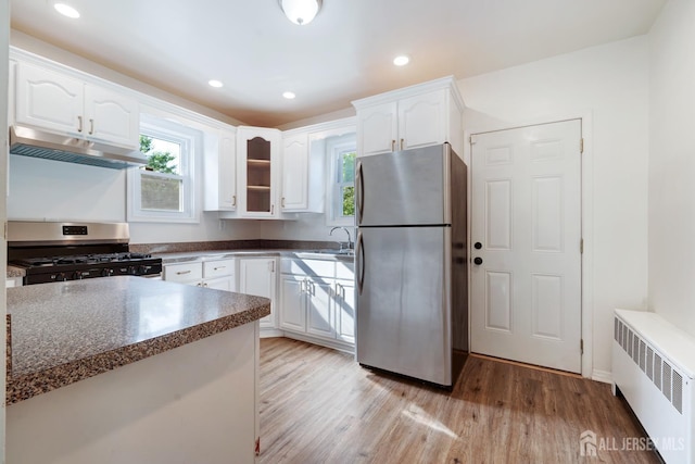 360 Alpine St, Perth Amboy, NJ 08861 - kitchen with appliances with stainless steel finishes, radiator heating unit, under cabinet range hood, dark countertops, and white cabinetry