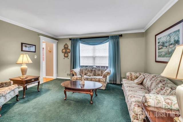 living room with carpet floors, ornamental molding, and baseboards