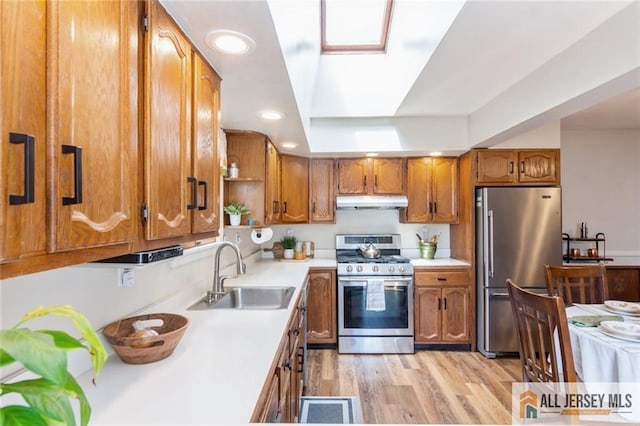5 Channing Rd, East Brunswick, NJ 08816 - kitchen with appliances with stainless steel finishes, under cabinet range hood, brown cabinets, and recessed lighting