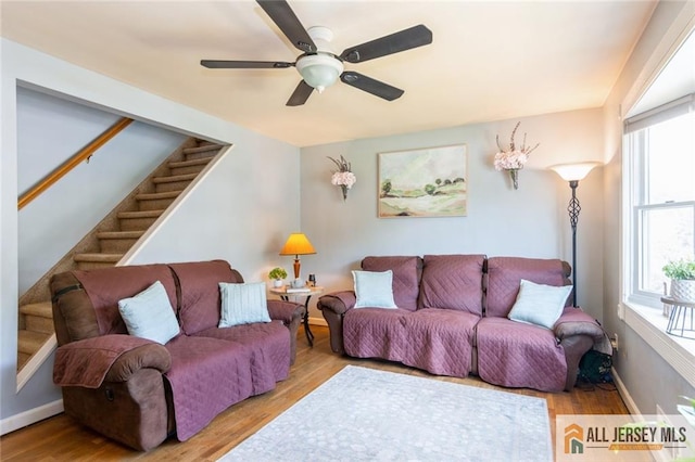 5 Channing Rd, East Brunswick, NJ 08816 - living area featuring wood finished floors, stairs, and ceiling fan