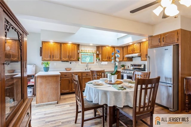 5 Channing Rd, East Brunswick, NJ 08816 - kitchen with appliances with stainless steel finishes, under cabinet range hood, light wood-style flooring, and brown cabinetry