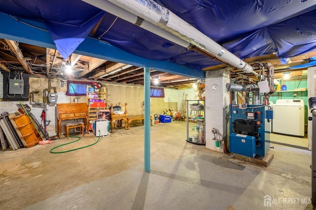 1909 Hamilton Blvd, South Plainfield, NJ 07080 - unfinished basement featuring washer / dryer, a heating unit, electric panel, and gas meter