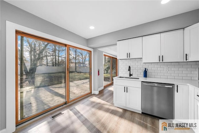 kitchen with white cabinets, decorative backsplash, stainless steel dishwasher, and sink