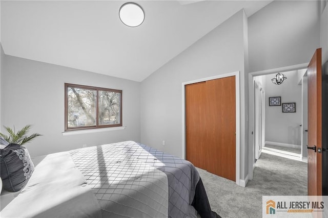 bedroom featuring carpet flooring, a closet, and lofted ceiling