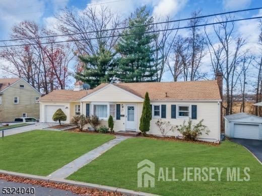 27 6th Ave, Port Reading, NJ 07064 - ranch-style home with driveway, a chimney, a garage, and a front lawn