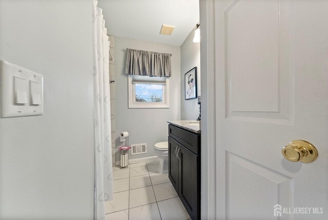 full bathroom with visible vents, vanity, baseboards, toilet, and marble finish floor