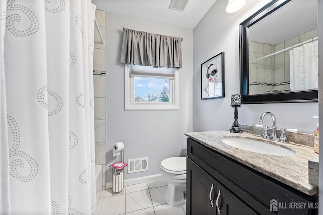 bathroom with a shower with curtain, toilet, marble finish floor, and visible vents