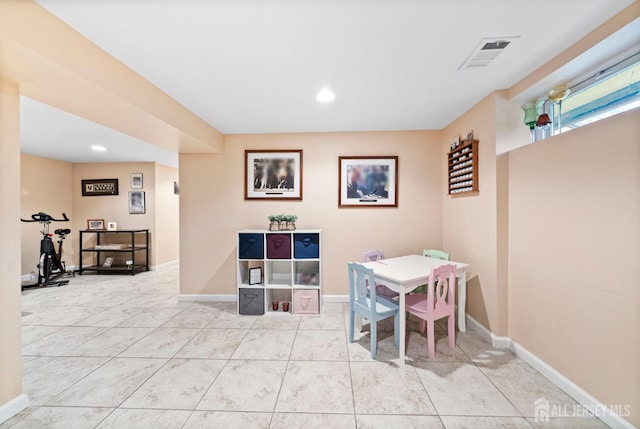 dining area featuring light tile patterned floors, baseboards, recessed lighting, and visible vents