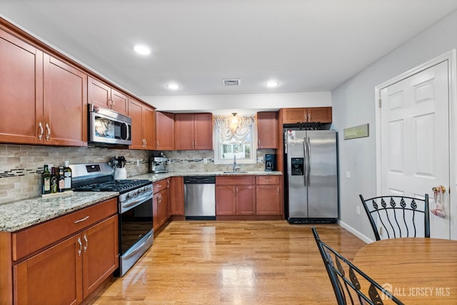 kitchen featuring appliances with stainless steel finishes, a sink, light wood finished floors, decorative backsplash, and visible vents