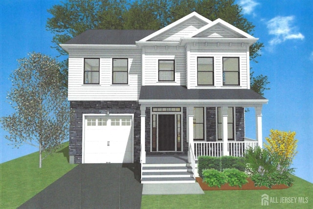 view of front of house with covered porch, a front yard, and a garage