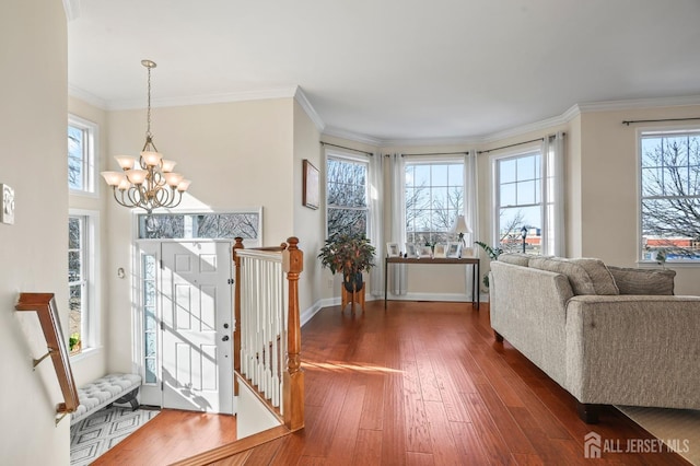 interior space with dark hardwood / wood-style flooring, ornamental molding, and an inviting chandelier