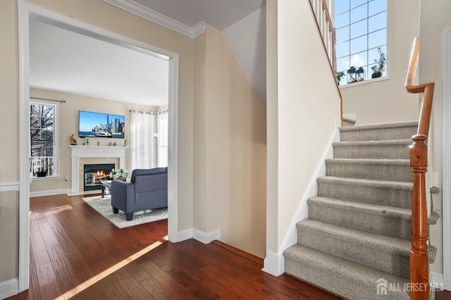 staircase with a healthy amount of sunlight, hardwood / wood-style flooring, and ornamental molding