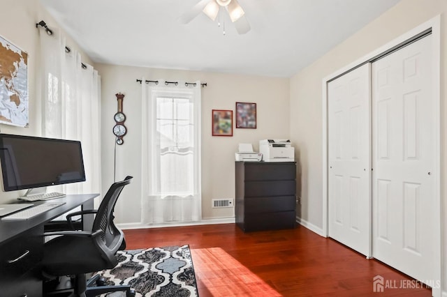 office with ceiling fan and dark wood-type flooring