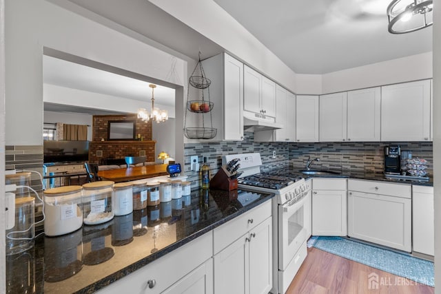 kitchen with a sink, under cabinet range hood, backsplash, and gas range gas stove