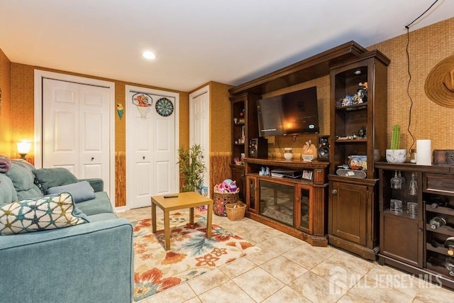 living room featuring light tile patterned floors