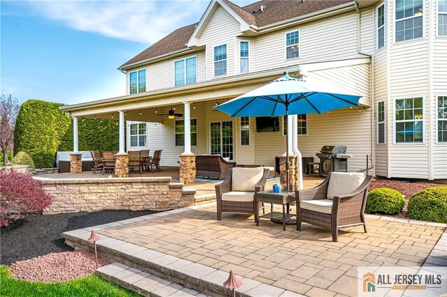 4 Van Gogh Ct, South Brunswick, NJ 08852 - view of patio / terrace featuring a ceiling fan, area for grilling, outdoor dining space, and outdoor lounge area
